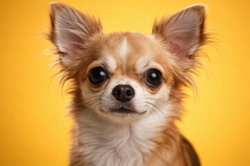 Fototapeta premium Close up view of a small Chihuahua dog with a sunny yellow backdrop