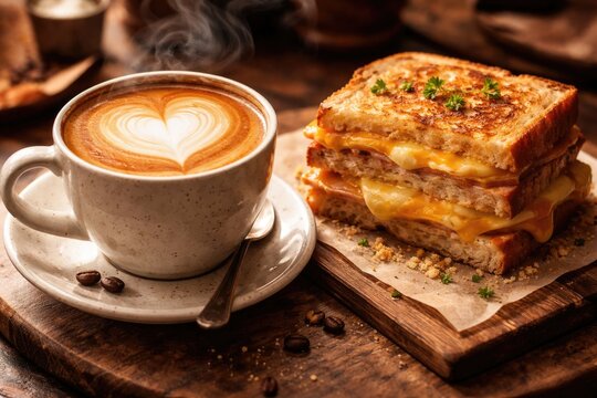 Cup of coffee decorated with heart latte art beside a savory cheese sandwich