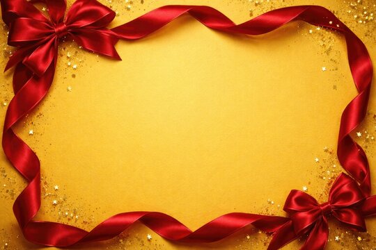 Bright yellow invitation background adorned with elegant red ribbon frame for holidays