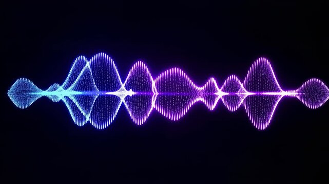 Data pulse wave sound waveform abstract audio equalizer neon gradient blue purple digital technology background glowing dark signal spectrum line
