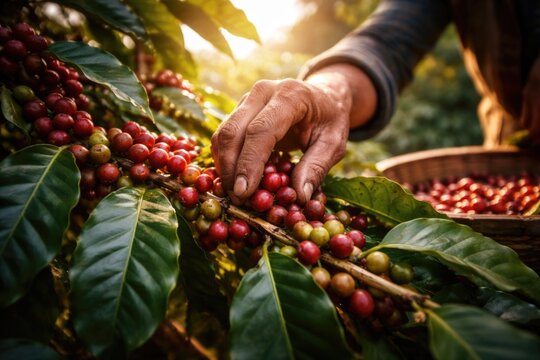 Collectors handpicking coffee cherries on agricultural land