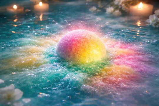 Glowing bath bomb fizzing vividly in tranquil water background for calming visuals