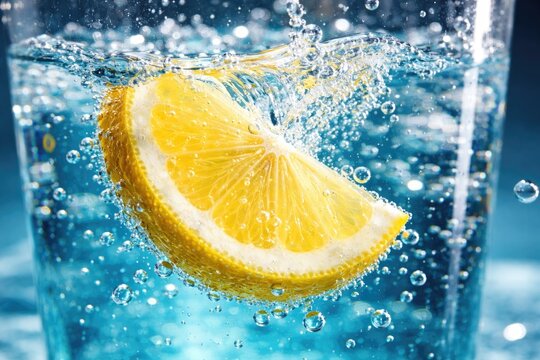 Lemon piece immersed in sparkling clear blue beverage
