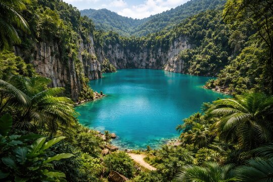 Heavy tropical greenery surrounding a stone quarry with a striking blue water storage