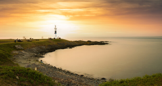 Yason Cape lighthouse at sunset. Photographed with long exposure. Ordu city, T&uuml;rkiye.