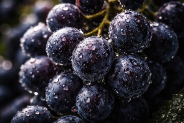 Naklejka premium Intense close-up of dark purple grapes shining with water beads