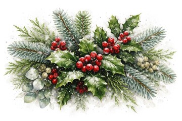 Fototapeta premium Decorative winter greenery with holly berries and fir twigs in hand drawn style