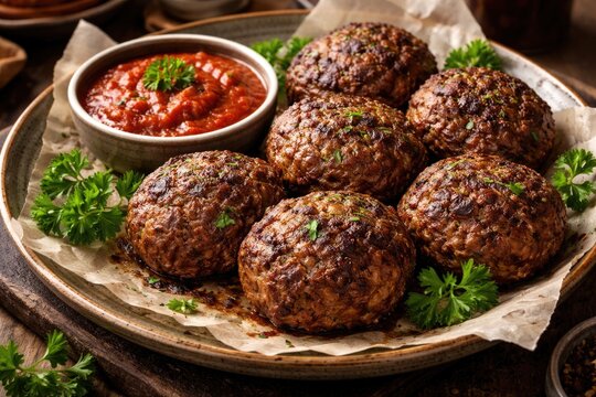 Classic German frikadellen crafted from beef and pork ground meat served alongside tomato sauce and parsley sprigs