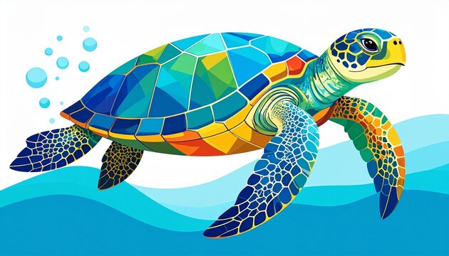 vibrant geometric sea turtle swimming in turquoise ocean waves vector illustration