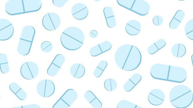 Seamless looping animated pattern of blue pills, tablets, and capsules scrolling on a white background. Perfect for medicine, pharmacy, healthcare, and medical treatment themes.
