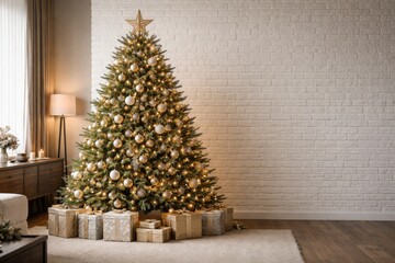 Fototapeta premium Christmas pine tree positioned by a white brick wall in a contemporary stylish interior with copy space
