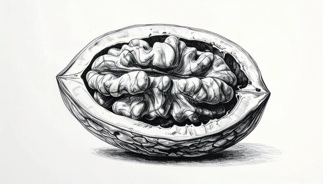 Detailed pencil illustration of a walnut cut in half revealing the textured kernel inside
