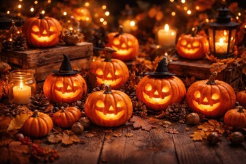 Fototapeta premium Cheerful mini pumpkins used in creative Halloween decoration setups