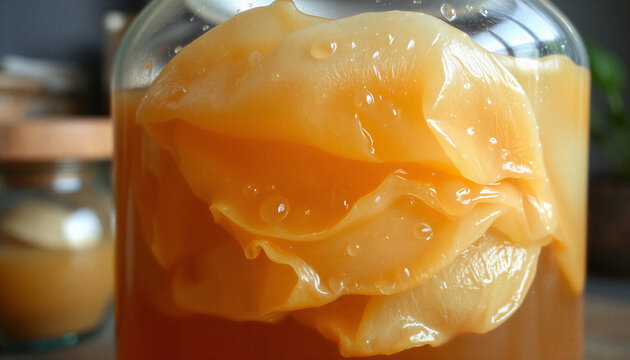 Kombucha fermentation process with SCOBY in a glass jar, bright and vibrant