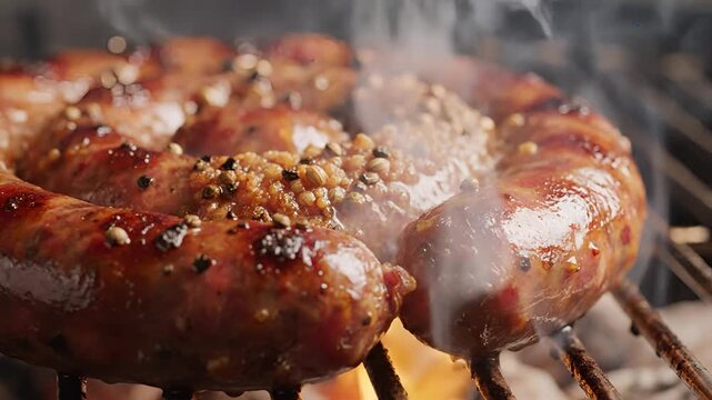 Delicious Sausage Cooking on a Hot Grill with Smoke.