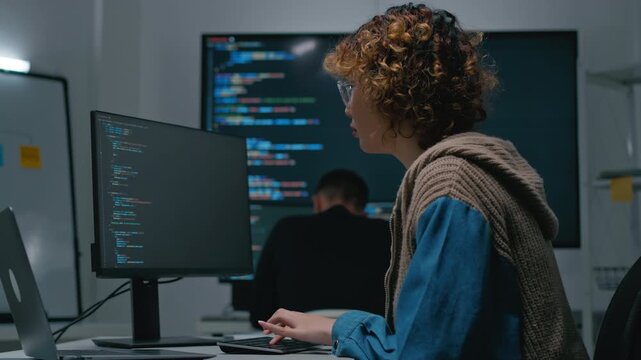 Adult male,asian female freelance typing write prompt AI bot IT app smart program,develop agentic ai,terminal with coding language,ux ui interface,designer,big data server center,quantum computer.