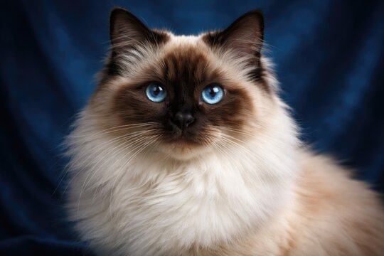 Full frame portrait of a Birman cat with bright blue eyes on a velvety blue backdrop