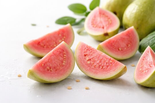 Arrangement of pink guava slices against a white surface including copy space