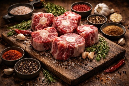 Cooking ingredients featuring uncooked oxtail and variety of spices on timber board