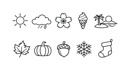 Set of simple icons representing seasons and weather elements. © Hemo