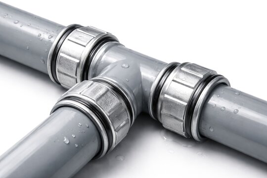 Detailed view of grey water pipe joint on plain white background