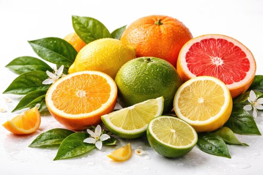 Citrus fruits and natural leaves composition over a smooth white backdrop