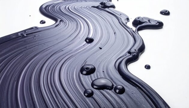 Abstract dark purple paint flowing and swirling with glossy droplets on a white background