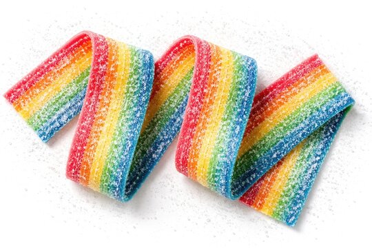 Brightly colored sour jelly candy strip sprinkled with sugar viewed from above on white background