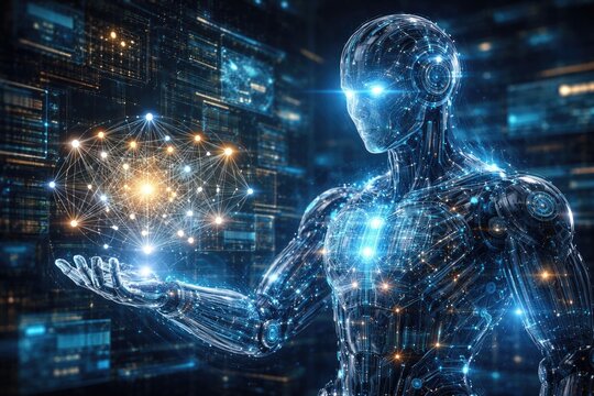 Concept art of a glowing hologram robot integrating deep learning algorithms