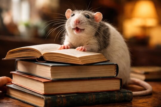 Joyful pet rat interacting with stacked hardcover books
