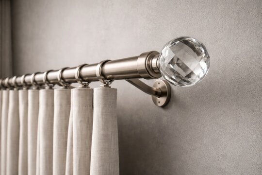 Gray toned background showcasing elegant curtain pole and decorative finials for minimalist interior