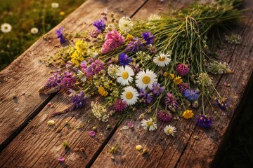 Fototapeta premium High angle shot displaying summer wildflowers resting on a rough wooden grain backdrop