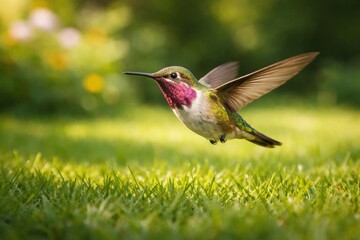 Obraz premium Cheerful pet Calliope hummingbird darting across a thriving green grass lawn on a warm summer day full length