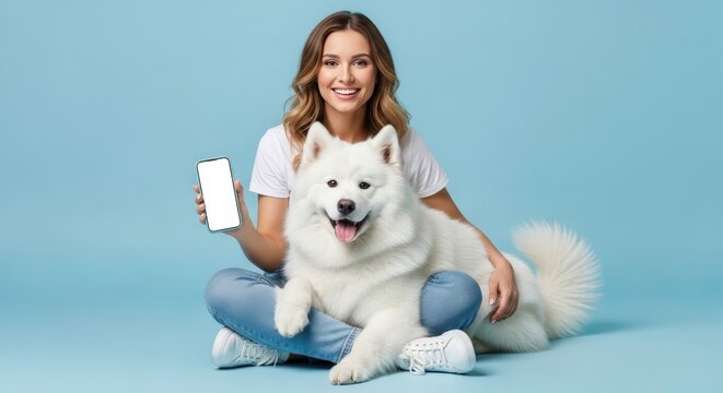 Smiling woman holding a smartphone with a blank screen sitting with her happy white samoyed dog on a blue background
