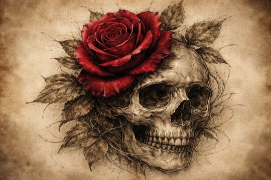 Creative sketch showing a deep red rose overlaying an ancient skull