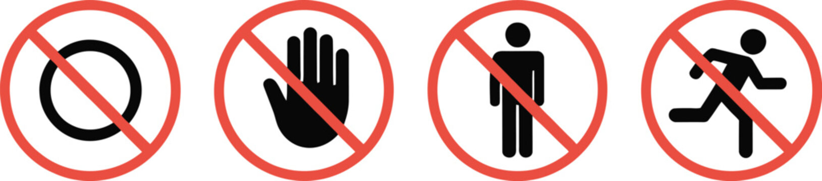 No entry no running no stopping prohibition sign set with red crossed circle icons for warning safety control and public regulation graphics