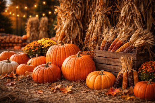 Festive autumn setup with bright pumpkins and dried corn stalks