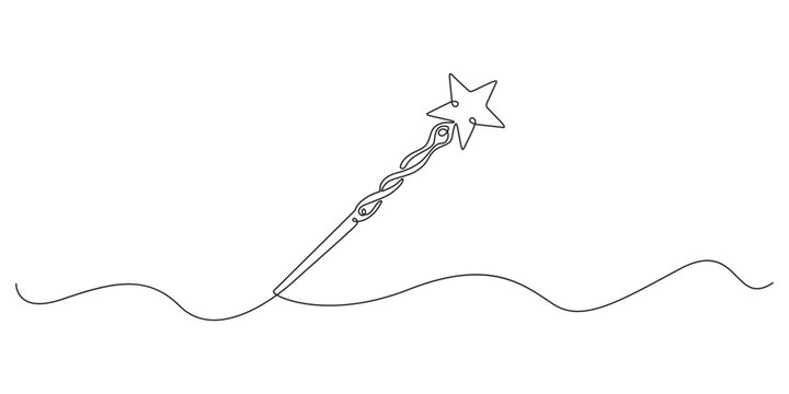 Magic stick one line continuous. Line art Magic Wand. Hand drawn vector art, Magic wand linear drawn continuous icon. Magic staff black one line vector icon, continuous line drawing of magic wand with