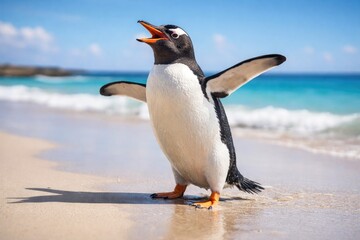 Fototapeta premium Gentoo penguin in a joyful pose on a smooth sandy beach with clear skies