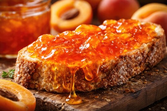 Close up of apricot fruit jam cascading on crunchy bread