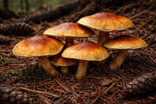 Full detail of Rustgill fungal caps surrounded by pine tree litter
