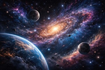 Fototapeta premium Artistic depiction of a vast science fiction galaxy filled with celestial bodies and cosmic wonders