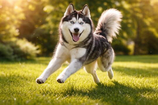 Energetic husky pet romping on a green grassy lawn full length under summer sunlight