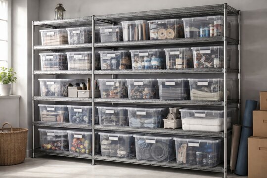 Large metal shelving displaying transparent plastic storage containers for storage solutions