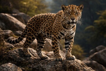 Naklejka premium Alert jaguar standing on rocky terrain
