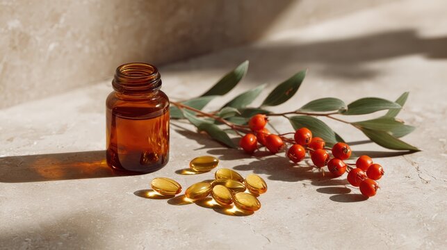 Berberine premium supplement bottle with capsules and botanical barberry element in clean minimal setting