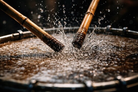 Close up of bamboo sticks generating rhythmic water splashes on wet drum skin