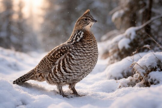 Full length ruffed grouse amidst snow covered ground with tender lighting