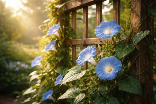 Blue morning glory climbing on garden trellis in morning light