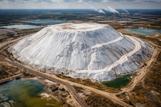 Expansive white slagheap made of phosphogypsum mining residue seen aerially